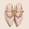 Fashion Heightened Inside Pointed Toe Outside Wear Half Slippers One Strap French Rhinestone Versatile Flat Single Shoes for Women