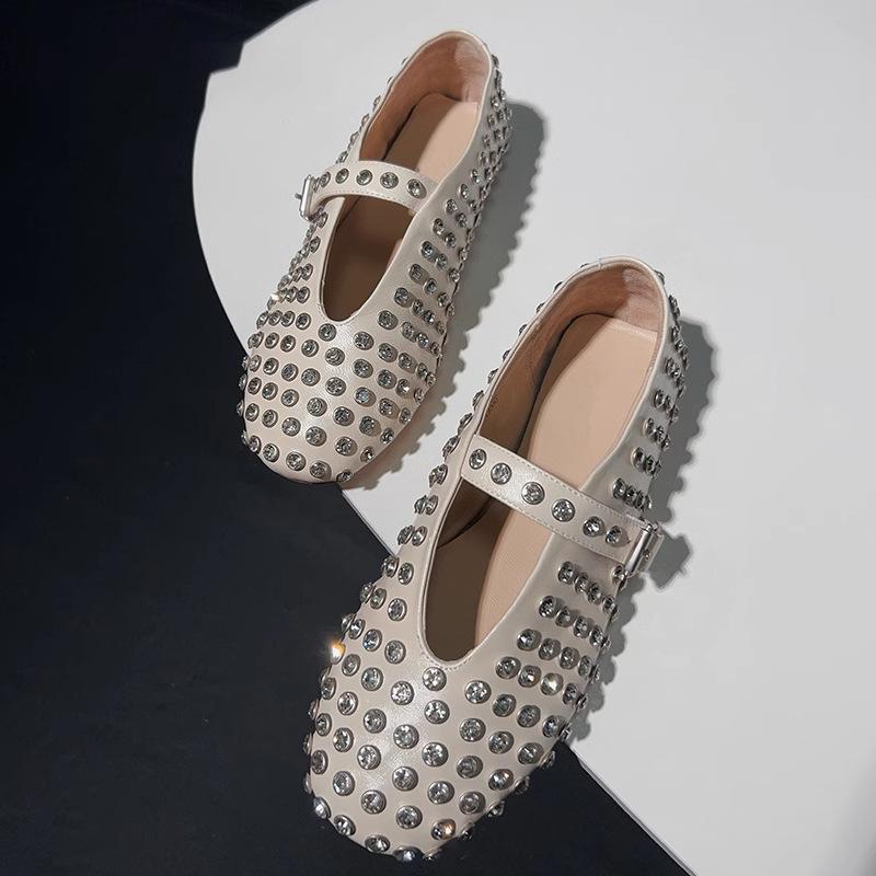 

Весенне-летние новые нишевые туфли-балетки в легком люксовом дизайне, ретро туфли на плоской подошве с бриллиантами, универсальные женские туфли Мэри Джейн 39 белый