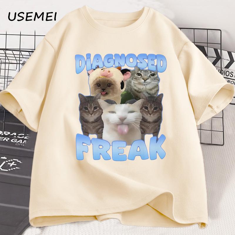 Diagnosed Freak Funny Cat Meme T-shirt Men Women Silly Cat Memes T Shirt Unisex Casual Round Neck Cotton Cat Tee Streetwear Tees