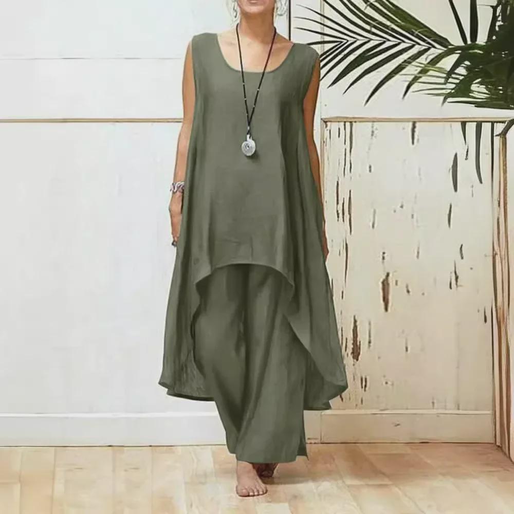 2024 Women's Asymmetrical Sleeveless Top & Loose Pants 2-Piece Set - Spring/Summer Sportswear