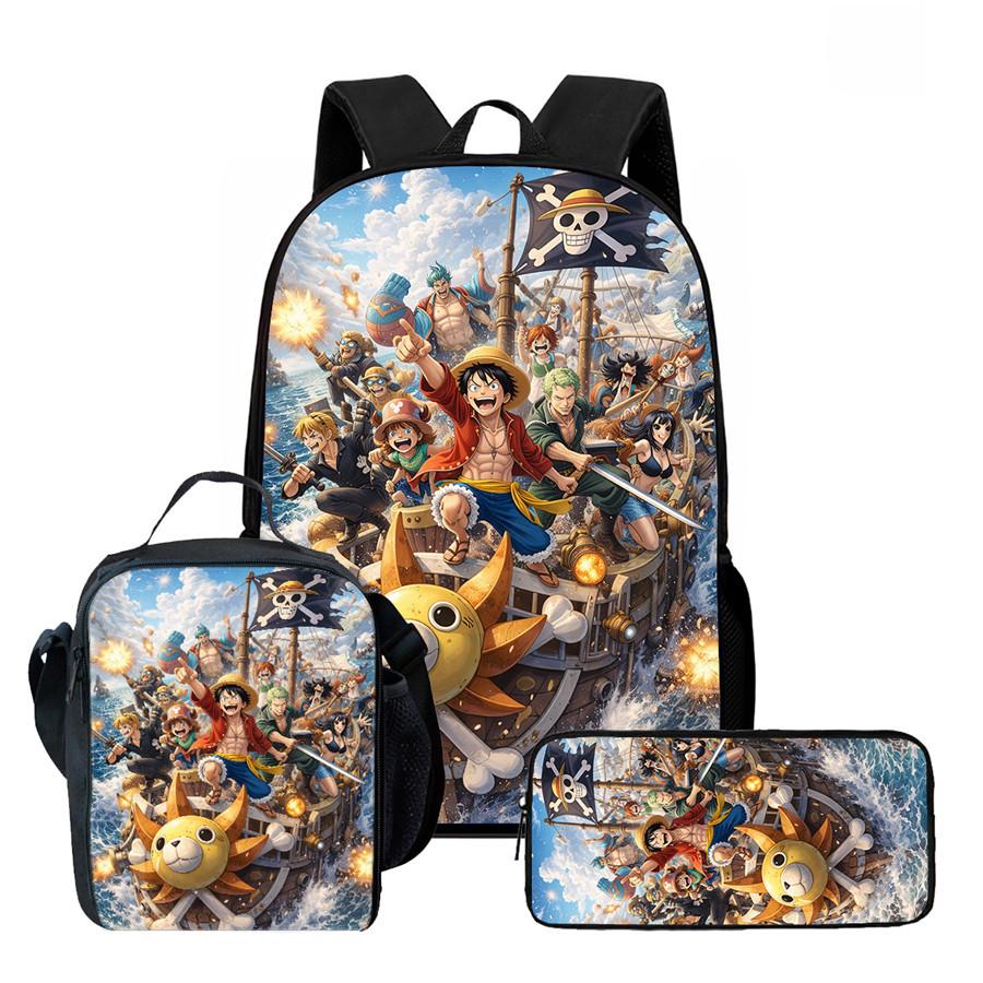 One Piece Anime Backpack 3Pcs Set Cartoon School Backpack Crossbody Bag Pencil Case Student Schoolbag Travel Backpack Gift