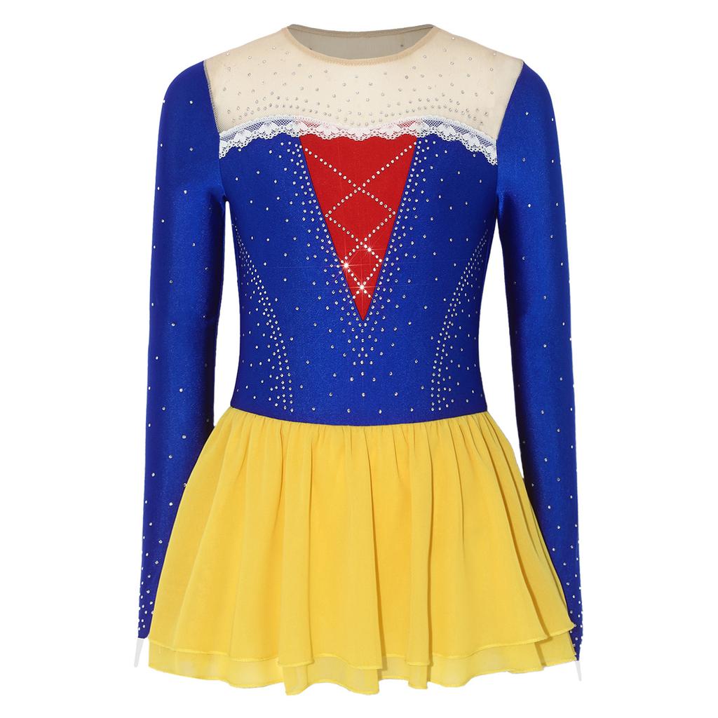 Girls Princess Costume Mesh Patchwork Long Sleeve Sparkly Rhinestones Lace Decor Contrast Color Dress