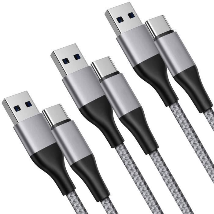 Câble USB-C - E.F.CONNECTION - Lot de 3 - 1M - Charge Rapide 3A - Nylon Tressé Gris