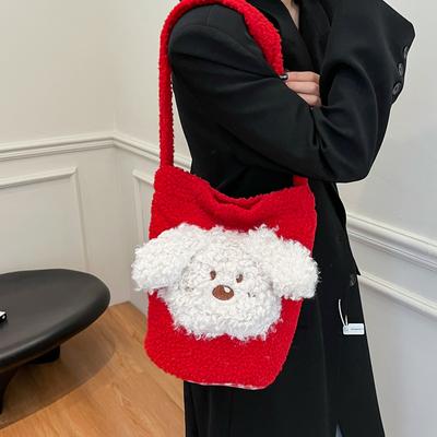 Ins wind niedliche Welpen Umhängetasche Damen vielseitige rote Eimertasche mit großem Fassungsvermögen tragbare Plüsch Zylindertasche