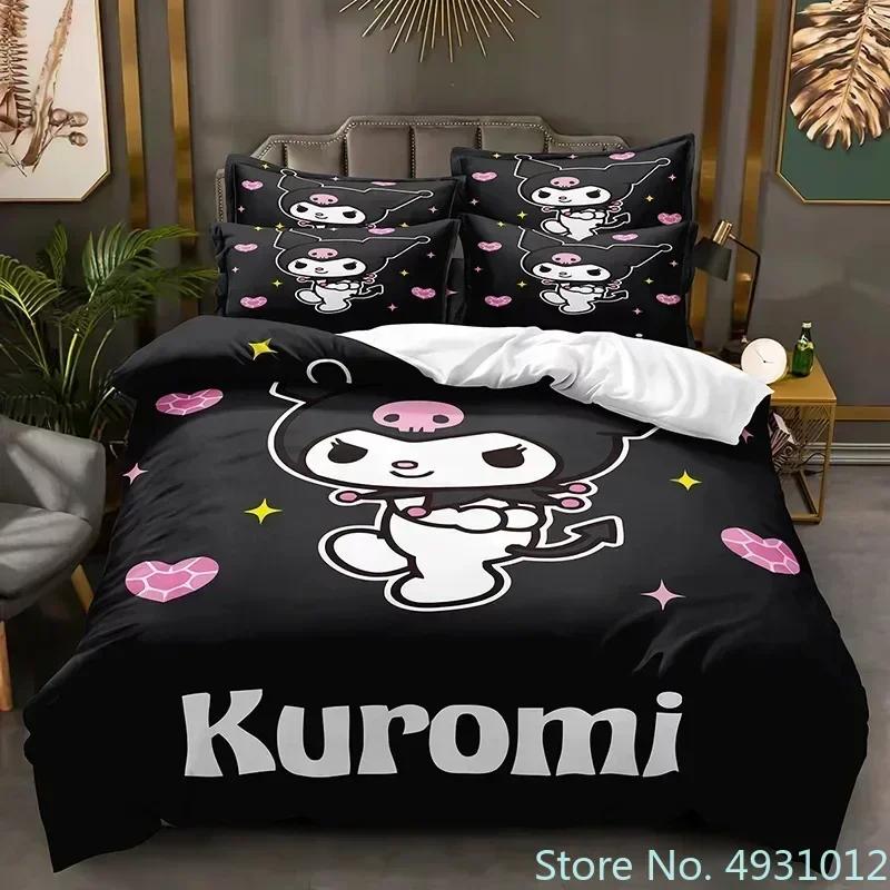 Sanurgente Kuromi Melody Bedding Set Pillowcase Anime Bedclothes Cartoon 3D Printed Kids Adult Boys Quilt Duvet Cover Gift
