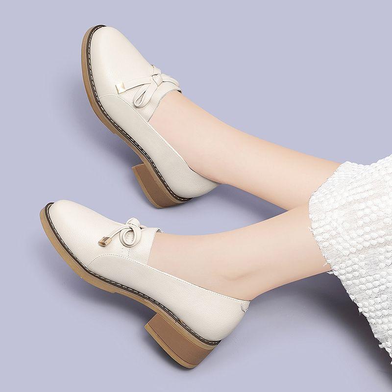 Women's Shoes Round Toe with Bow Leather Casual Medium Heels Ladies Pumps Vacation Stylish Footwear on Offer Chic Point Discount