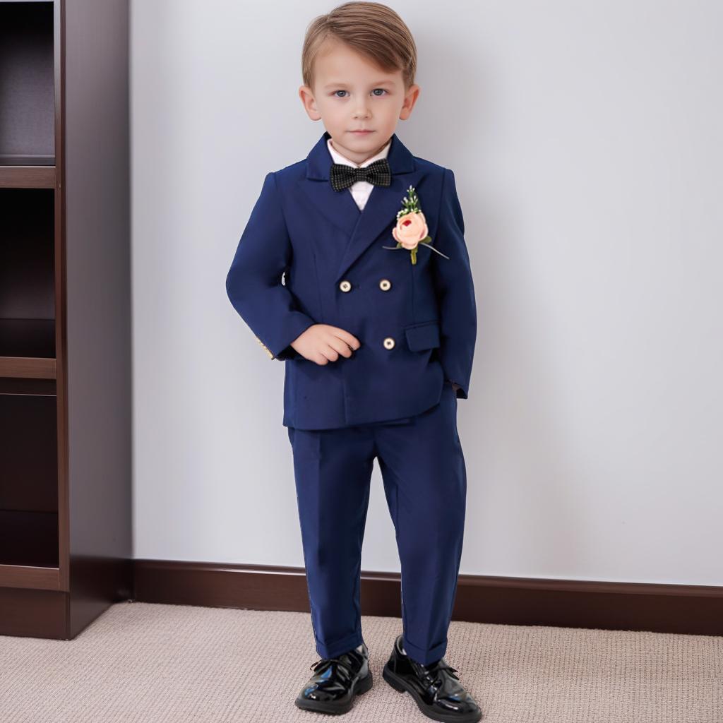 Boys Business Suit Spring Summer 2024 British Plaid Flower Child Wedding Outfits Gray Handsome Kids School Uniform Blazer Set