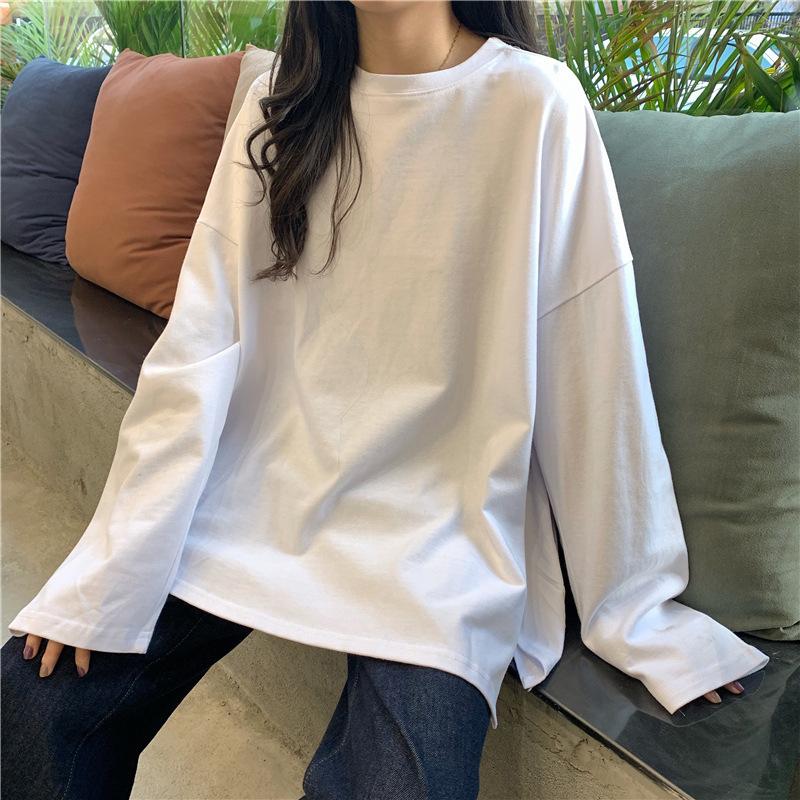 Autumn Slit Solid Color Long-sleeved T-shirt Women's Base Shirt Korean Style Student Loose Tops Women's Clothing