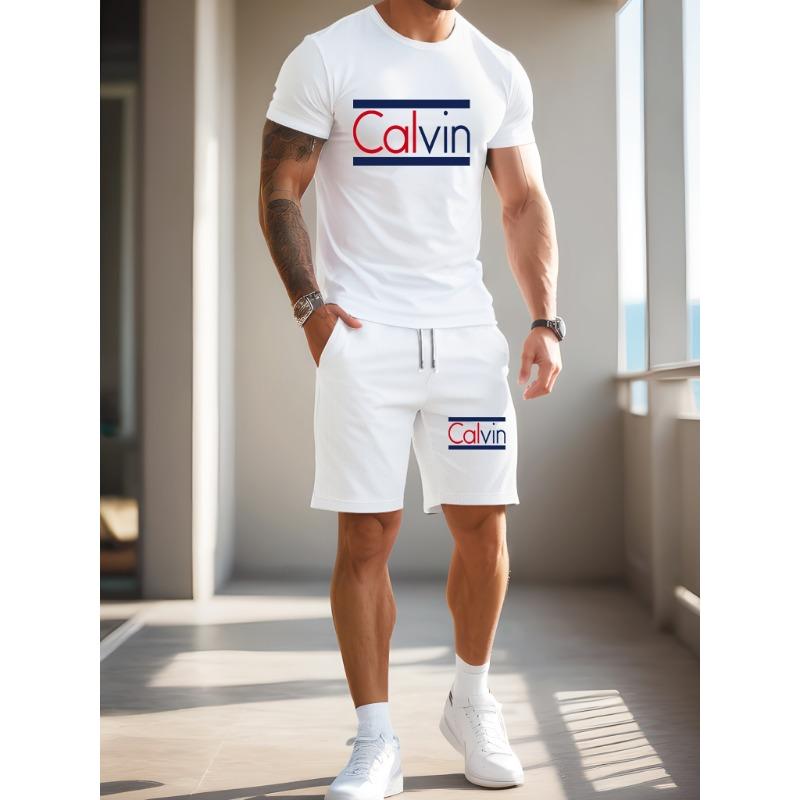 Nuovo Completo Sportivo Casual a Maniche Corte da Uomo T-shirt Girocollo e Pantaloncini con Coulisse Set Stampato Stile Regolare