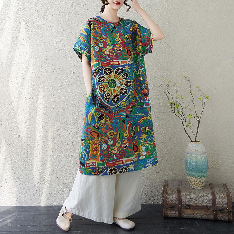 DIMANAF New 2025 Plus Size Summer Dress Printing Women Basic Casual Short Sleeve Dress Loose Long Dress