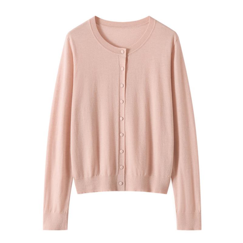 100 Worsted Wool Autumn New Solid Color Bag Button Crew Neck Knitted Cardigan Wool Knitted Cardigan