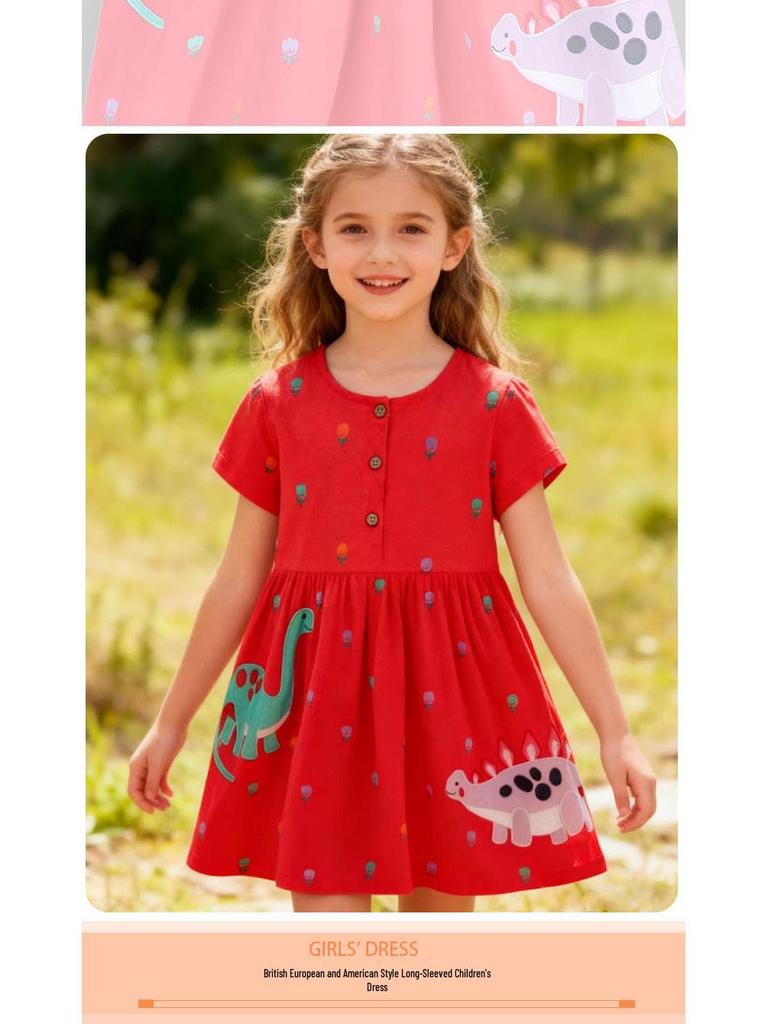 2026 Spring/Summer Girls' Cute Embroidered Short-Sleeve Knit Cotton Princess Dress
