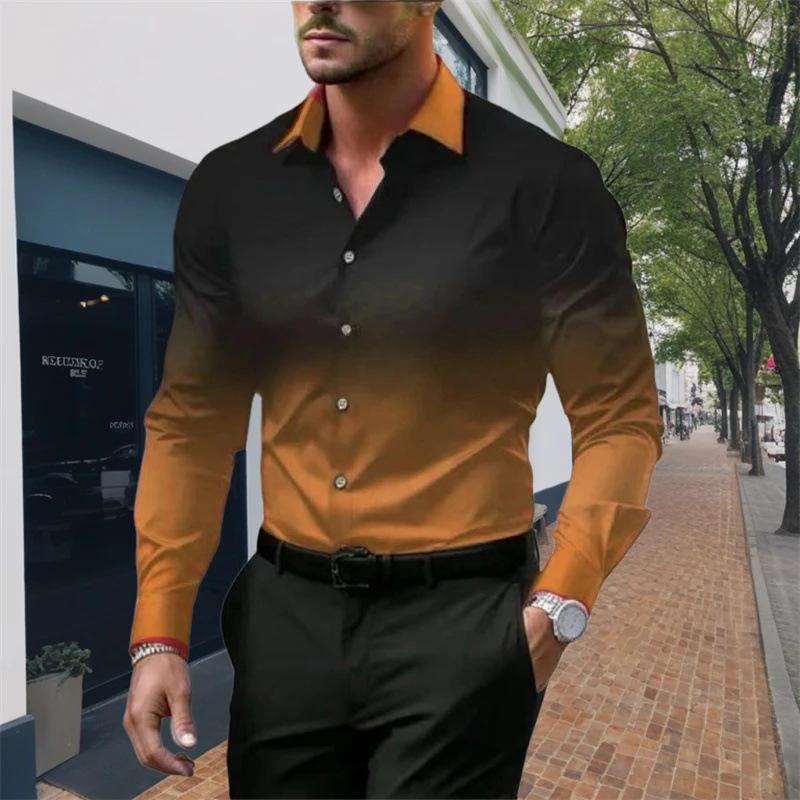 Spring Autumn Long Sleeved Shirt for Men with Sense of Luxury Gradient Lapel Loose Buttons Versatile Versatile Shirts Men’s
