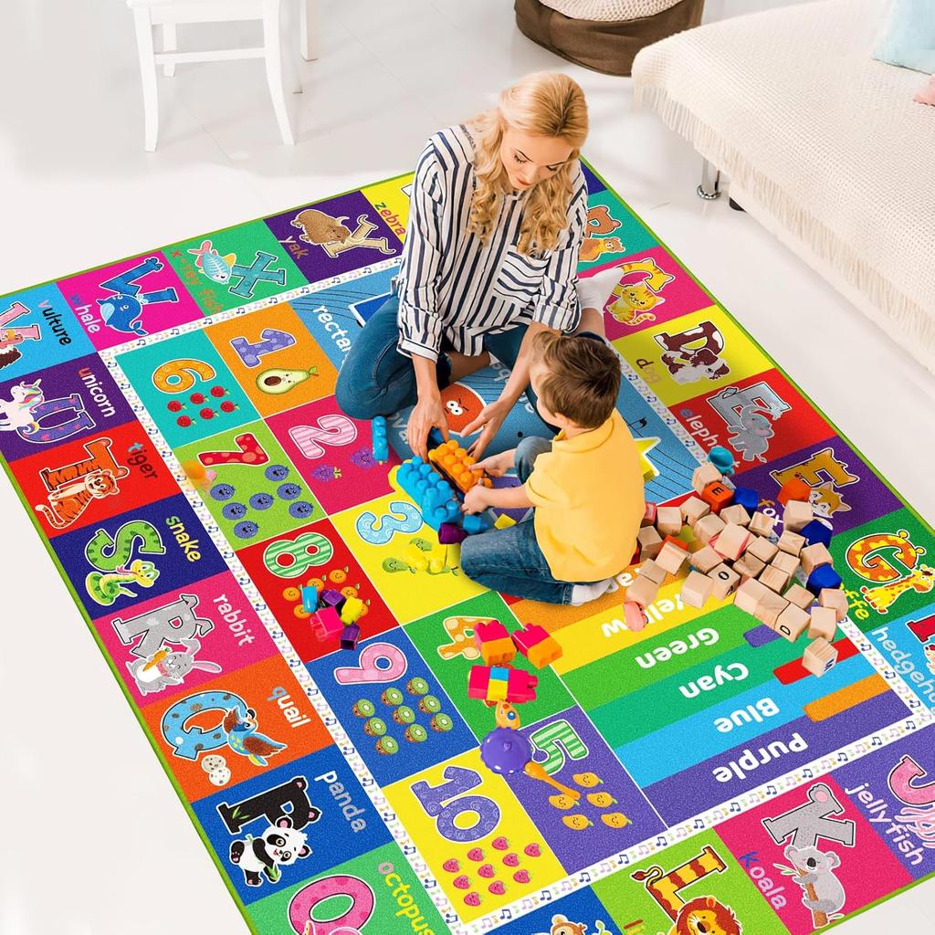 Educational ABC Kids Carpet with Numbers and Animals, Preschool Play Mat for Bedroom, Playroom, and Classroom