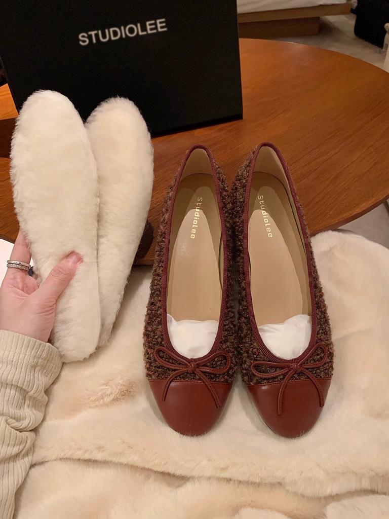 Schafslederversion~ Echtes Leder klassische spitze runde Zehe Schleife Samt Tweed leichte Mündung Einzelne Schuhe Damen