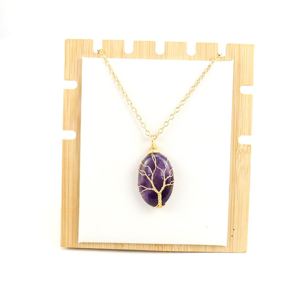 Silk Natural Crystal Rough Stone Egg-Shaped Gold Winding Tree Of Life Pendant Necklace N644