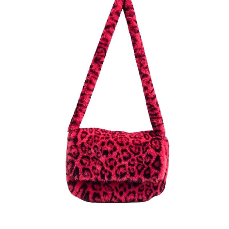 New Leopard Print Plush Messenger Bag Women'S Korean Version Fashion Imitation Fur Large Capacity Shoulder Bag Flip Trend