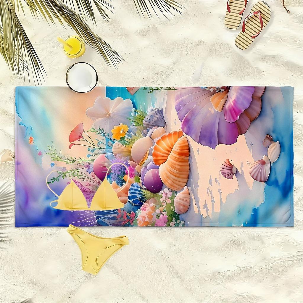 Marine Shell Flower Pattern Polyester Microfiber Beach Towel Is Highly Absorbent, Suitable for Swimming and Beach Outings