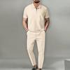 Men Spring Autumn New Solid Color Waffle Knit Collared Half Zip Polo Shirt Pants Set