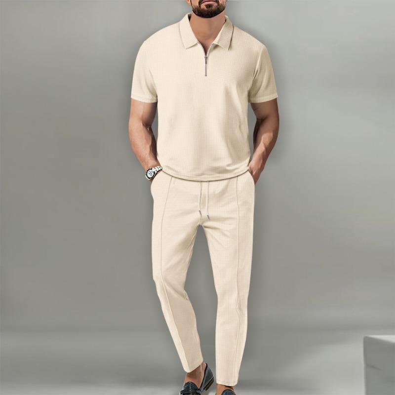 Men Spring Autumn New Solid Color Waffle Knit Collared Half Zip Polo Shirt Pants Set