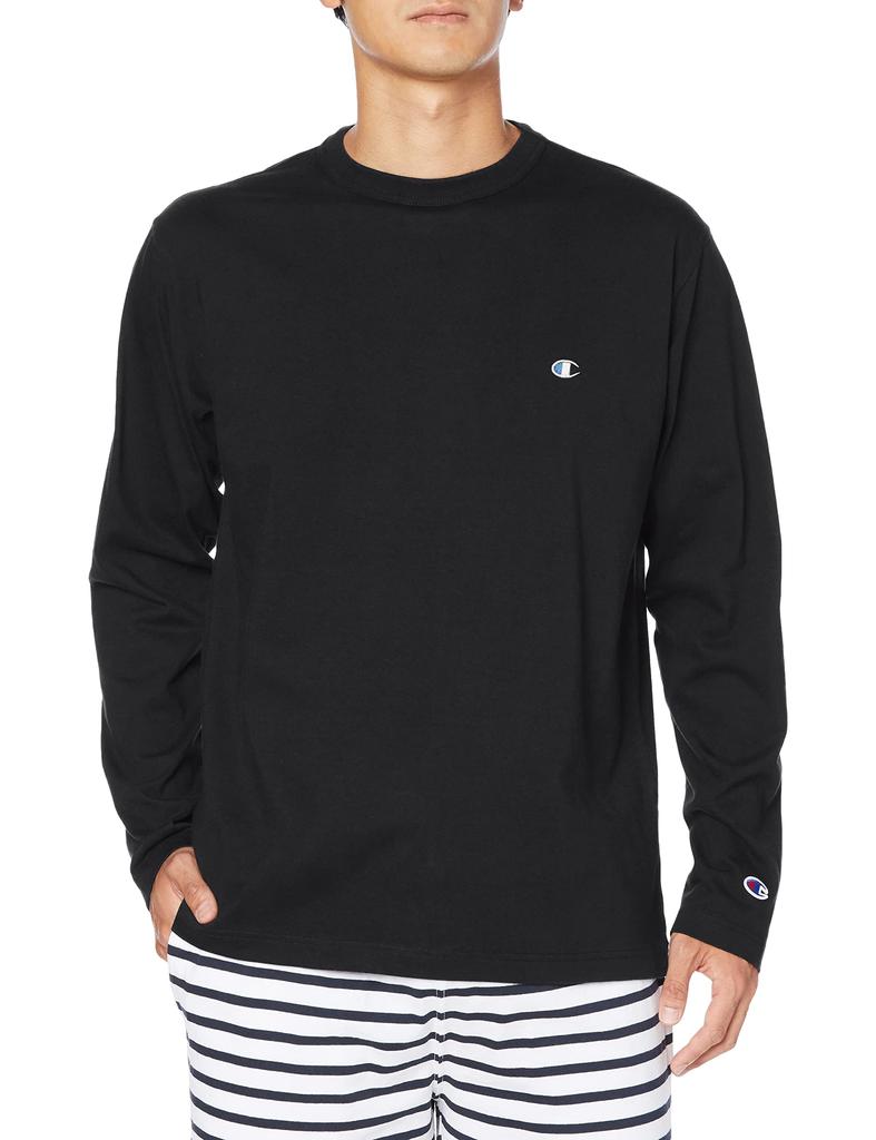Champion Long Sleeve Size Crew Embroidered Men's T-Shirt, Basic, Black, M, 100% Cotton, Neck, Logo, C8-X408
