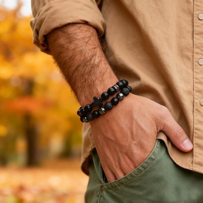 Bracelet Tressé Homme Fait Main 2 Pièces/Ensemble Howlite Bleue Pierre de Lave Hématite Bracelet de Guérison Classique Bracelet Enroulé Croisé Bijoux de Poignet