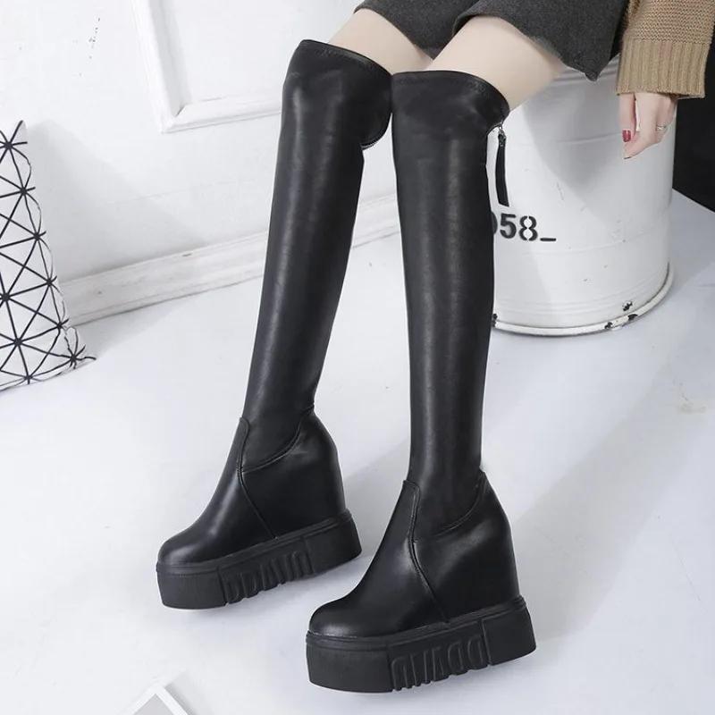 Fashion Long Boots for Women Very Heel Autumn Elastic Comfortable and Elegant Knee High Shaft Shoes Woman Designer Luxury Y2k Goth Pu 39