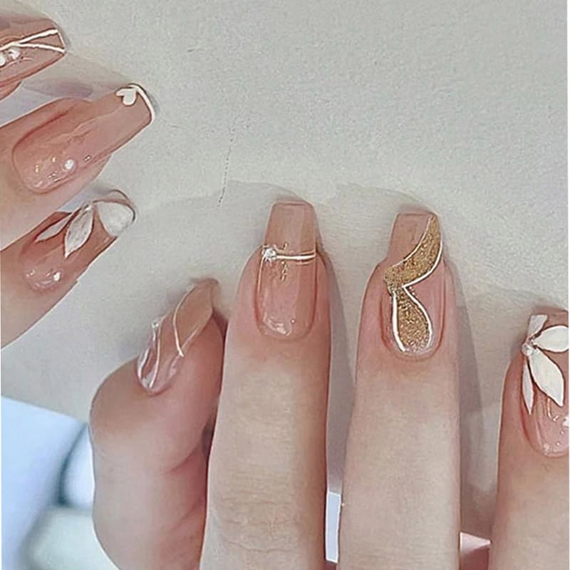 Secret Lives Glossy Reusable Artifical Fake False Press On Nails Nude Brown Color 3D Pearls & White Flower Design 24 Pieces Set with Kit