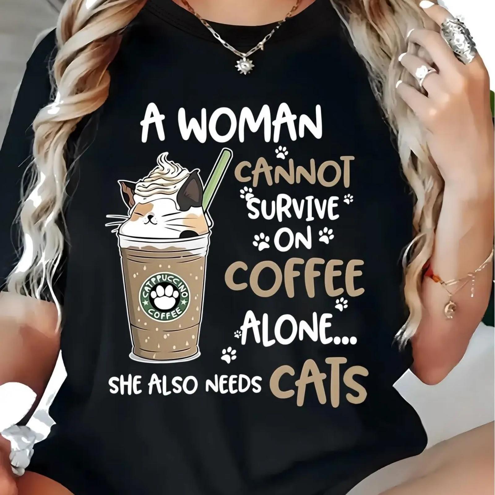 

Women s Casual T-Shirt, Cat & Coffee Graphic, Round Neck, Short Sleeve, All Seasons - Black XXXXXL чорний