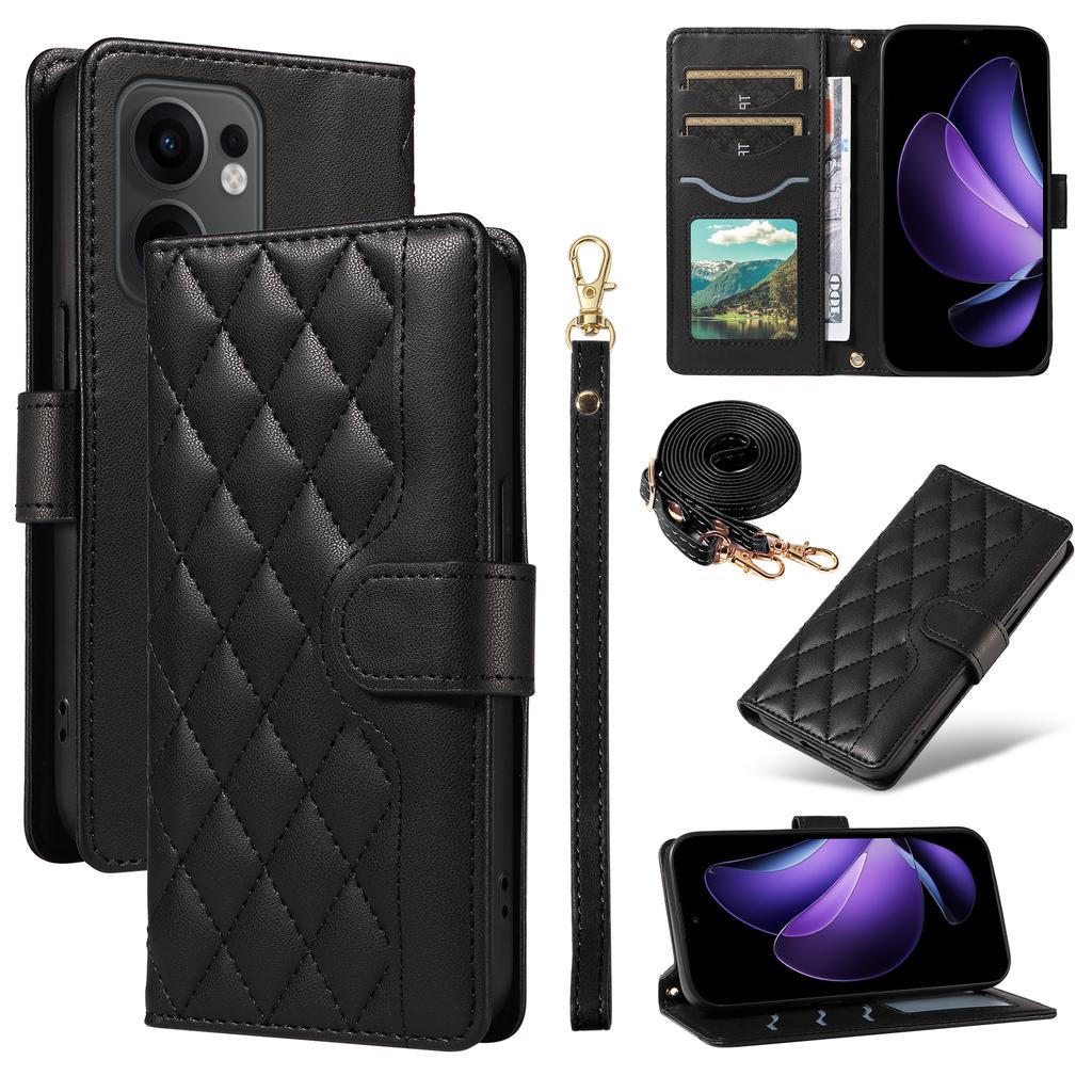 For Oppo Reno13 F 4G/Oppo Reno13 A 5G/Oppo Reno13 F 5G Wallet Case Rhombus Leather Phone Cover with Strap
