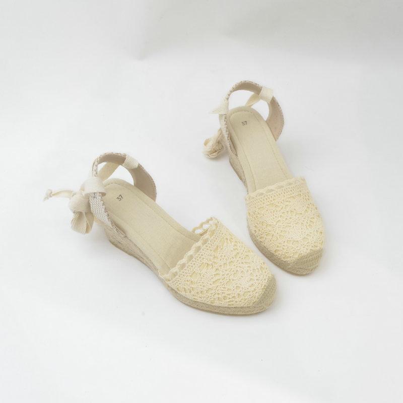 2025 Summer New Lace High-heeled Sandals Platform-soled Casual Hemp Rope Wedge Heel Sandals Rear Empty Lace-up Hemp Sole Sandals