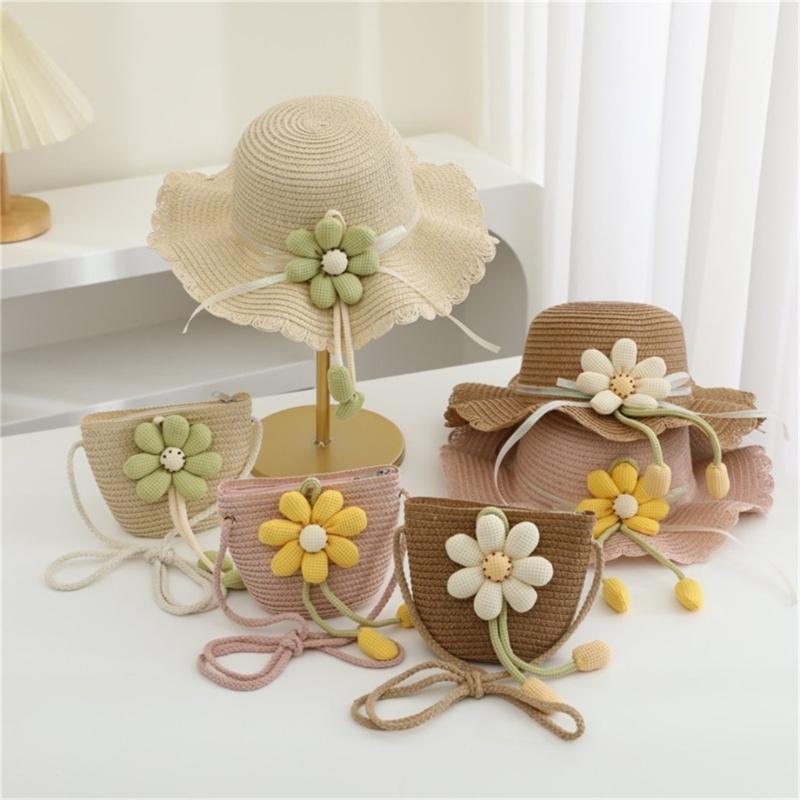 2Pieces Kids Summer Sun Hat And Bag Set Breathable Straw Braided Design For Beach Outdoor Activities