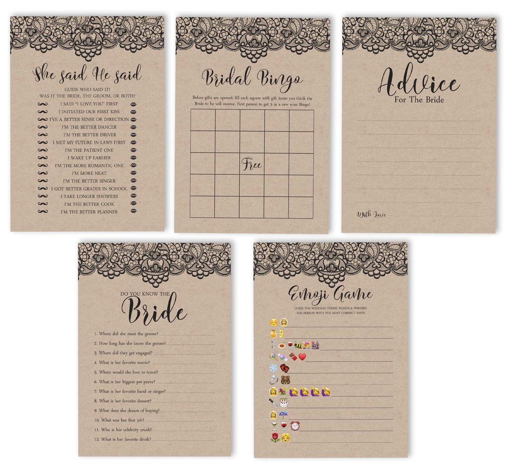 Inkdotpot Victorian Black Lace Kraft Theme Bachelorette Party Games Set Bundle of 5 (Activities for 50 Guests) Fun Bridal Shower Games Set