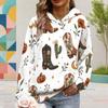 Women Plus Size Cute Cow Cactus Printed White Long Sleeve Drawstring Hoodie Kangaroo Pocket Pullover