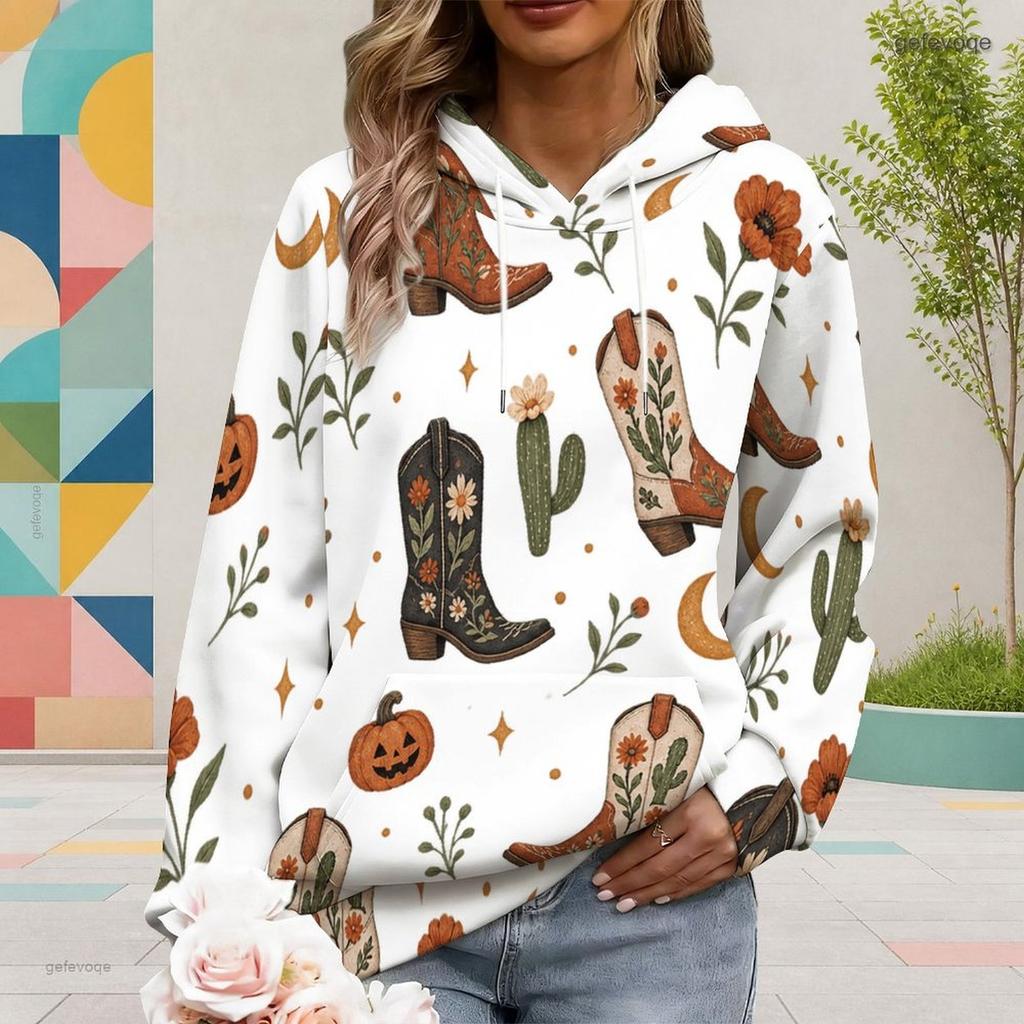 Women Plus Size Cute Cow Cactus Printed White Long Sleeve Drawstring Hoodie Kangaroo Pocket Pullover