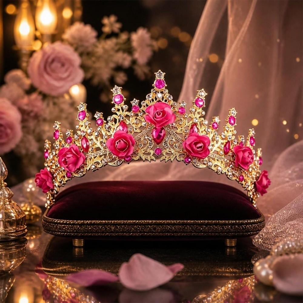 Metal Princess Floral Tiara Rose Flower Shiny Rhinestone Crown Luxury Baroque Crown Prom