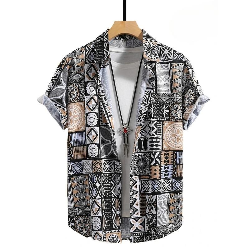 Camisas Havaianas para Homens T-shirt Casual de Manga Curta com Estampa Paisley 3D Gola Lapela Botões Tops Masculinos Verão Oversized Boêmio Camisetas Masculinas