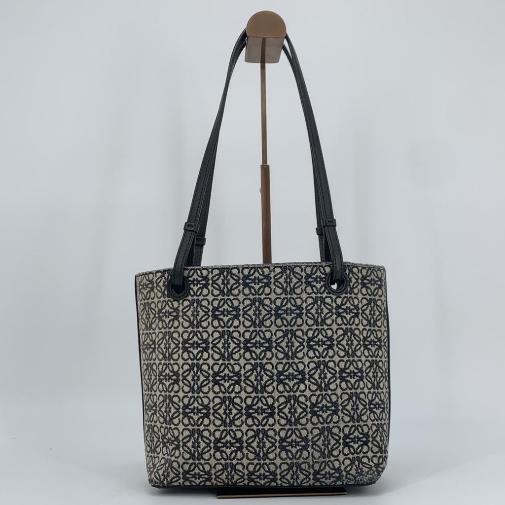 LOEWE Repeat Anagram Jacquard Square Tote Shoulder Bag Canvas Calf Leather Navy Blue Black