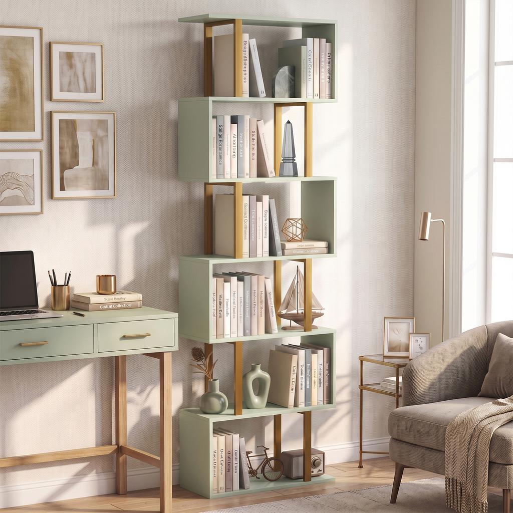 S Shaped Bookshelf 6 Tier Bookcase Freestanding Storage Shelves With Anti Tip Strap For Living Room Light Green