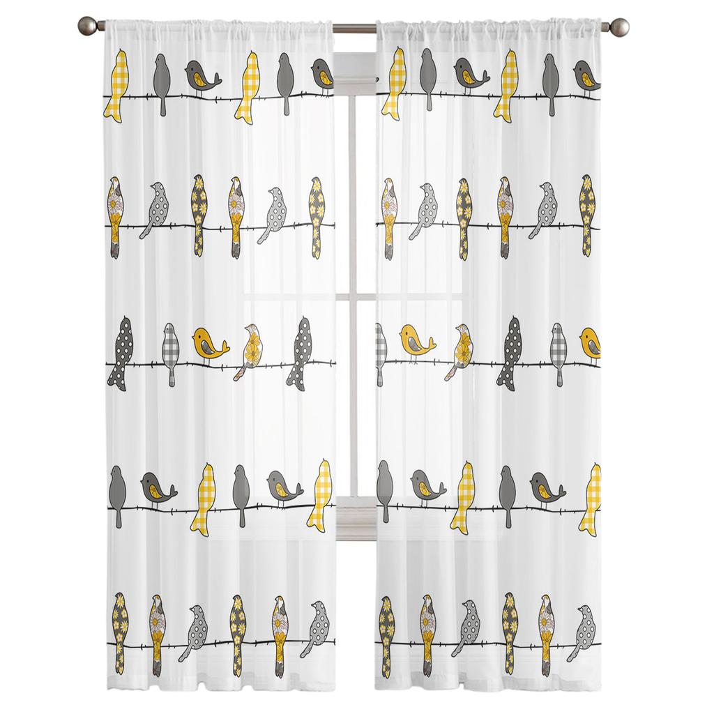 Bird Plaid Flower Yellow Orange Sheer Curtains For Living Room Bedroom Home Decor Kitchen Tulle For Windows Voile Drapes