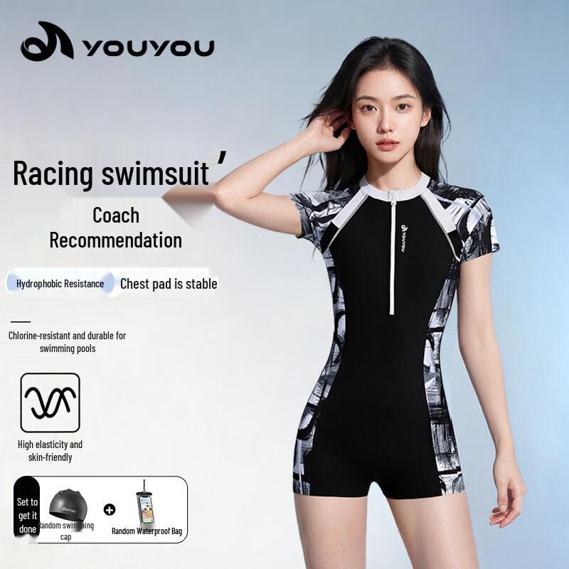 YUYU Women s Short Sleeve One-Piece Flat-Leg Racing Swimsuit Set M