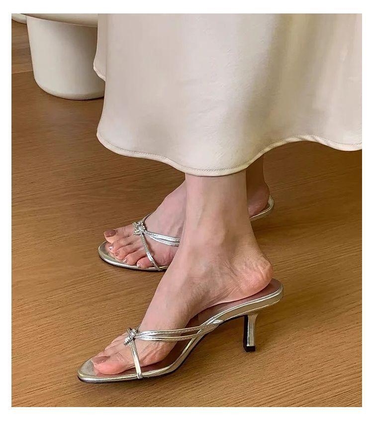 2025 new French cold sense silver toe high heel sandals women's love drill round head thin heel with sandals