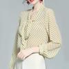 Elegant Fashion New Wild Bow Neck Chiffon Women's Spring Autumn Loose Lantern Sleeve Thin Tops Striped Graceful Blouses