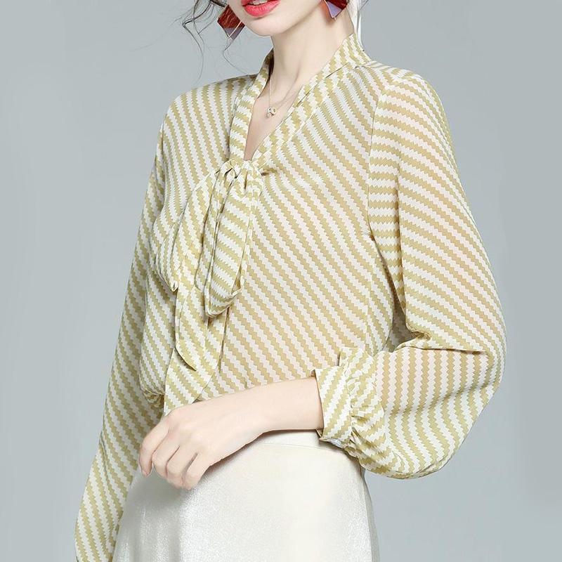 Elegant Fashion New Wild Bow Neck Chiffon Women's Spring Autumn Loose Lantern Sleeve Thin Tops Striped Graceful Blouses