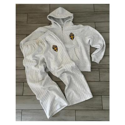 American Simple Classic Striped Sports Hoodie Two-piece Set Street Retro Trend Jogger Sweatpants Gray Sweatpants