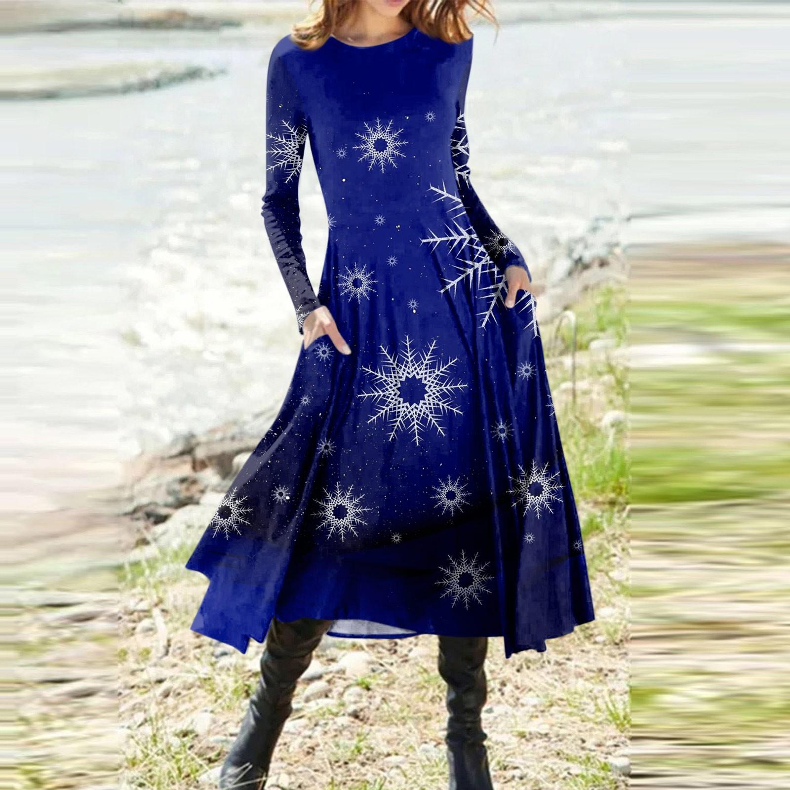 

Women s Fashion Christmas Print Round Neck Long Sleeve Slim Fit Mid Length Dress