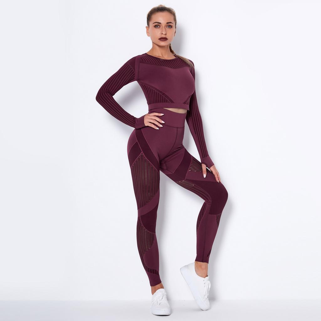 Set Yoga Donna 2 Pezzi Completi Senza Cuciture Manica Lunga Sexy Rete Forata Traspirante Set Palestra Push Up Tuta Abbigliamento Sportivo