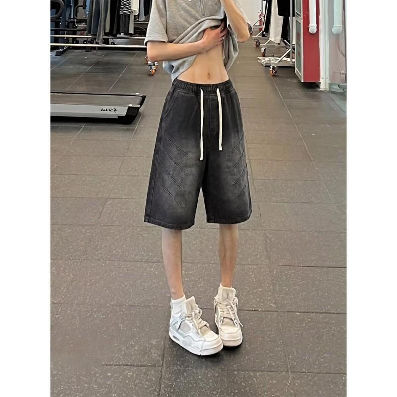 Unisex Washed Denim Shorts Loose Fit Mid-Rise Zip Fly Casual Five-Point Pants Cotton