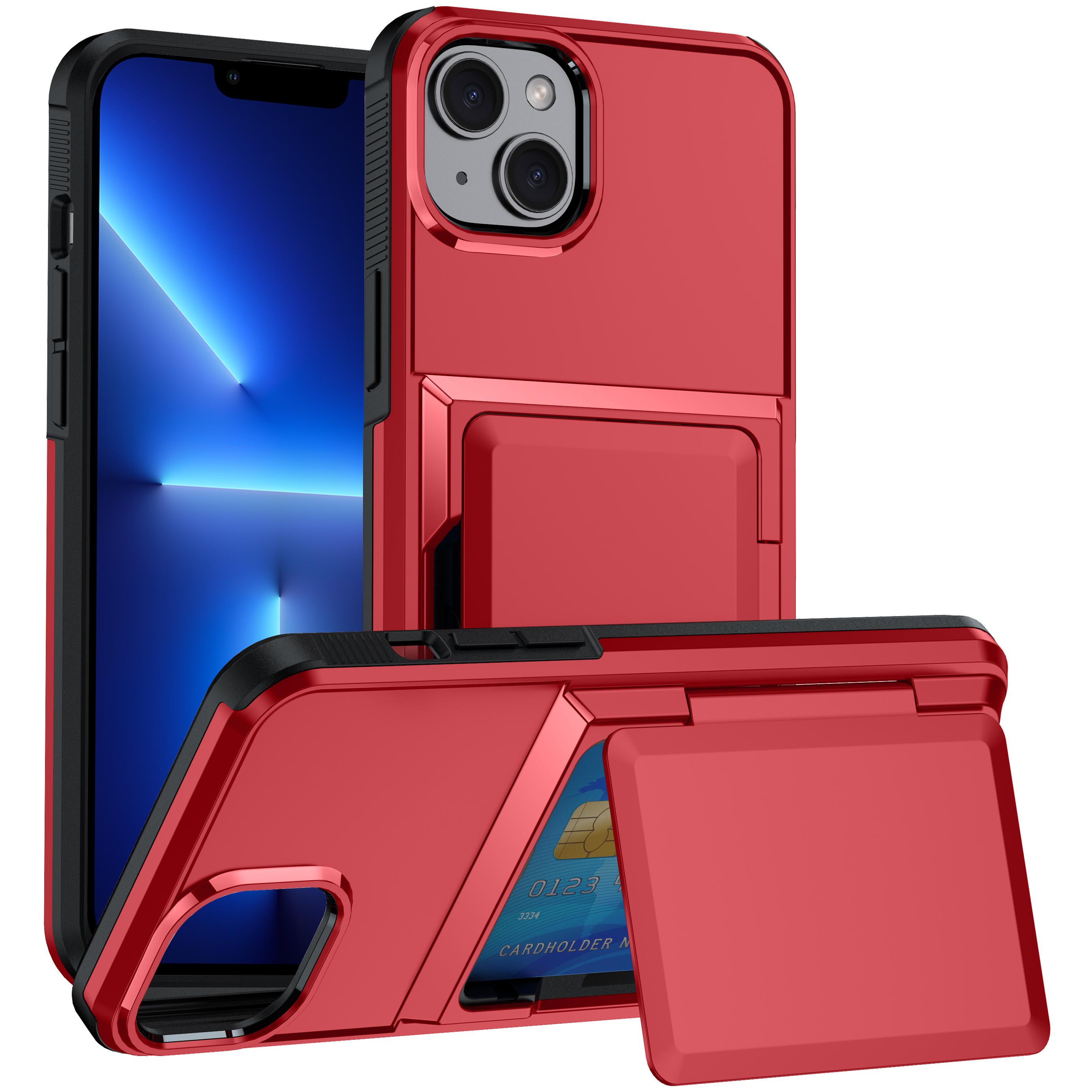 

For iPhone 13 Cases Card Slot TPU+PC Kickstand Phone Case Red