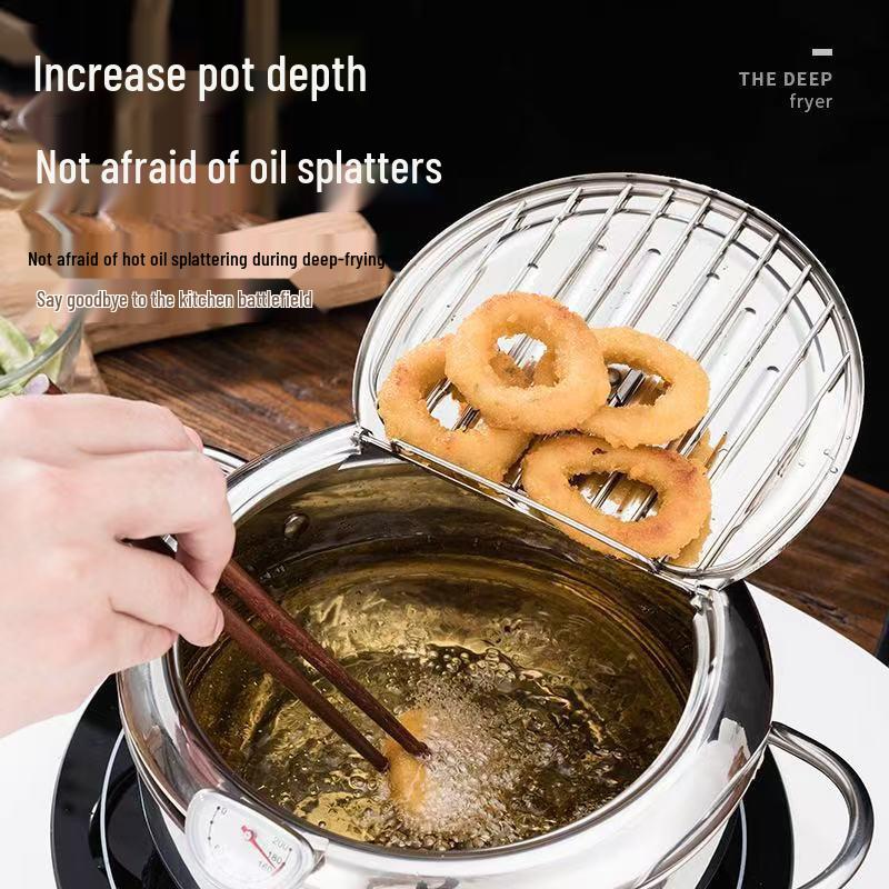 304/201# Stainless Steel Tempura Fryer with Oil Temperature Display & Filtering Lid